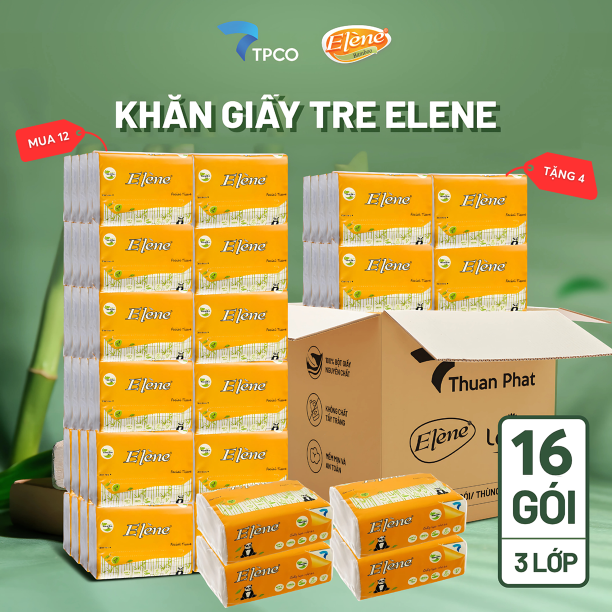 Thùng 30 Gói Giấy Ăn Gấu Trúc Than Tre Elene Bamboo 100 Tờ - 3 Lớp🎋Giấy Bột Tre🎋Giấy Rút Đa Năng🎋
