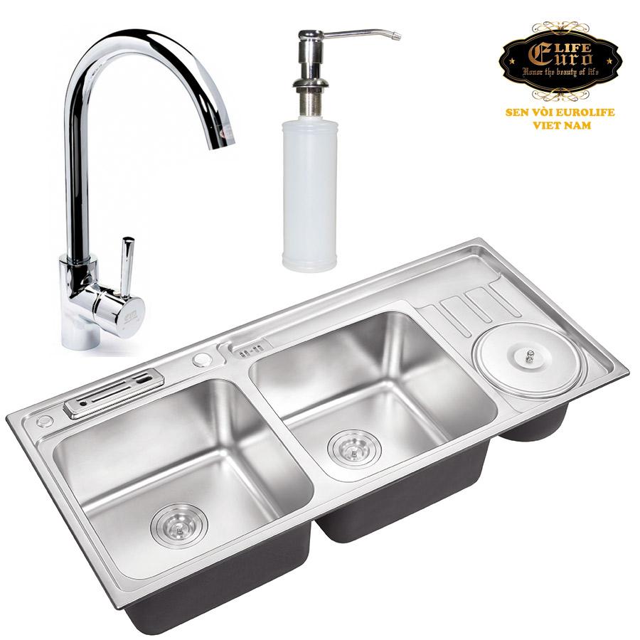 Chậu rửa chén Eurolife EL-C3 (Trắng bạc) + Vòi rửa chén nóng lạnh Eurolife EL-T006 (Trắng bạc) + Bình xịt nước rửa chén Eurolife C11 (Trắng bạc)
