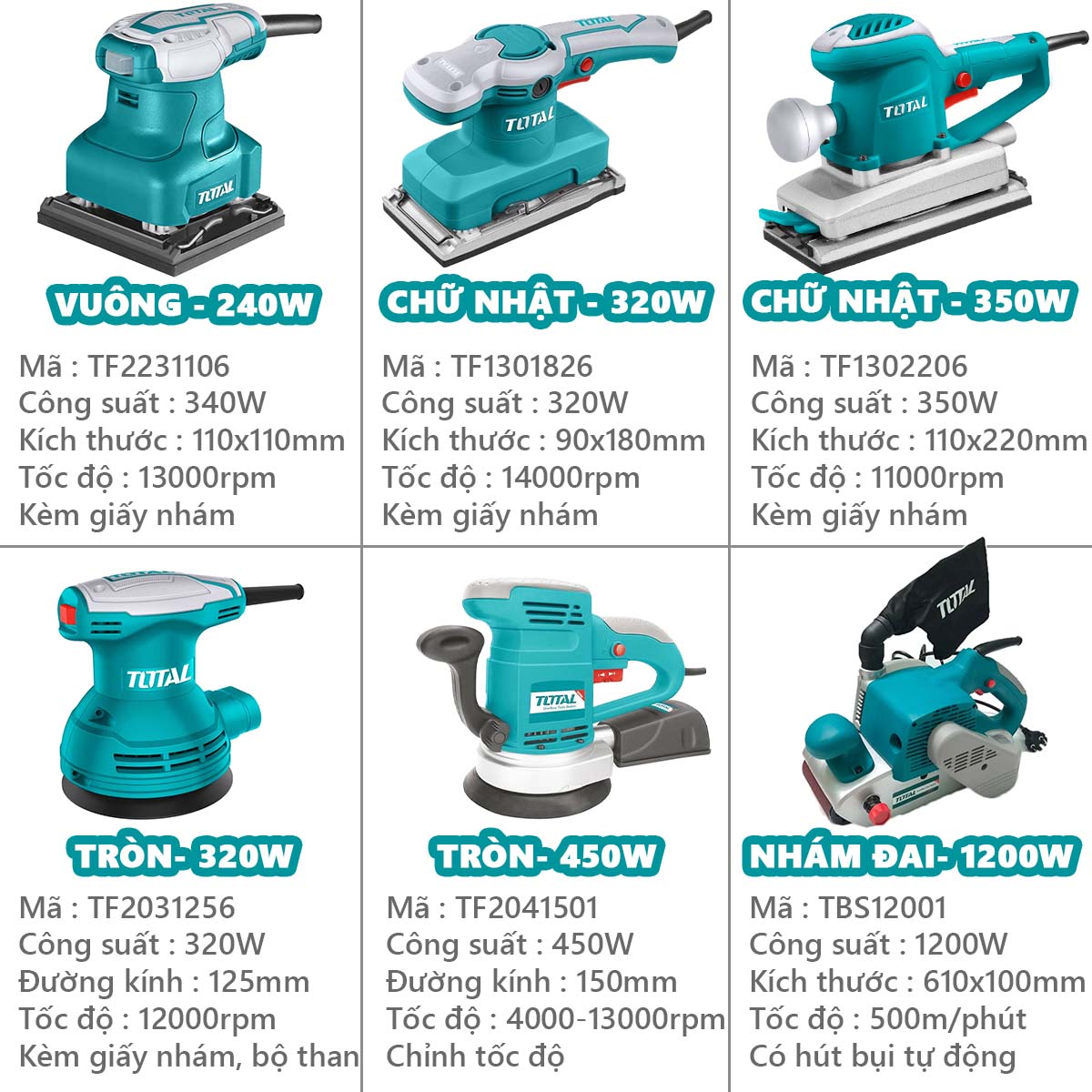 Máy chà nhám rung đa năng cầm tay TOTAL 240W-1200W 220V, chà nhám vuông, tròn, chữ nhật, nhám băng tốc độ cao chính hãng kèm phụ kiện