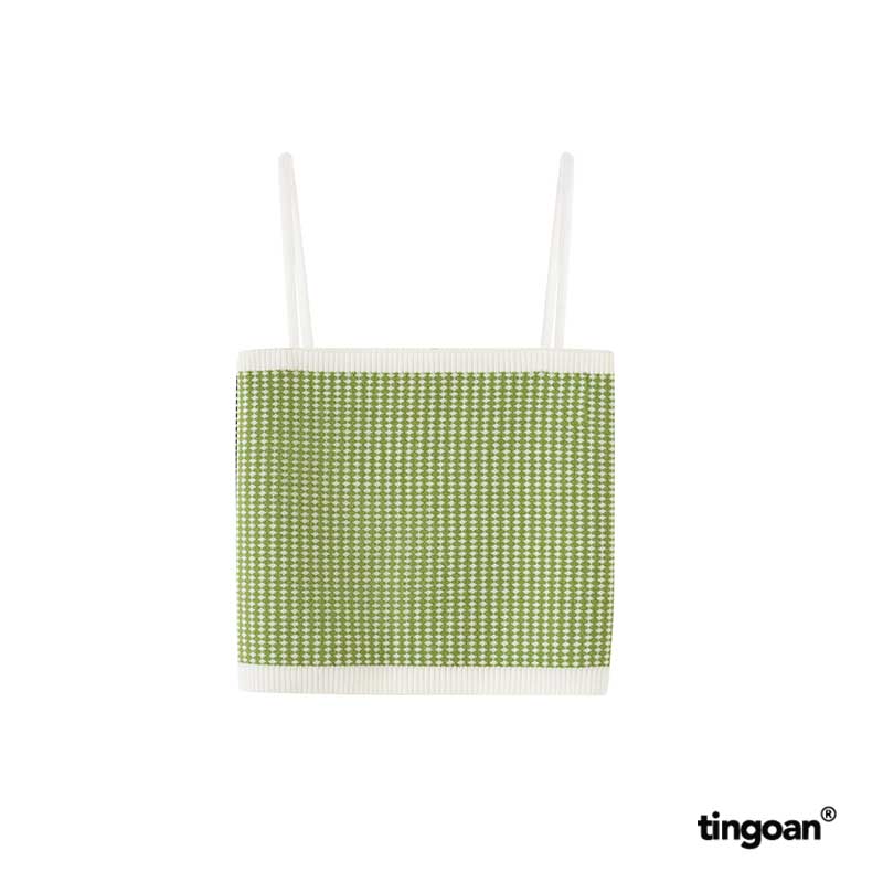 TINGOAN® - Áo set len cardigan lửng tặng kèm quây 2 dây kẻ caro xanh nhỏ vai bồng LOULOU CARDIGAN/GREEN