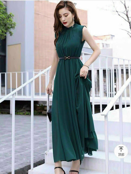[HCM]ĐẦM XANH MAXI CỔ TRỤ KÈM NỊT