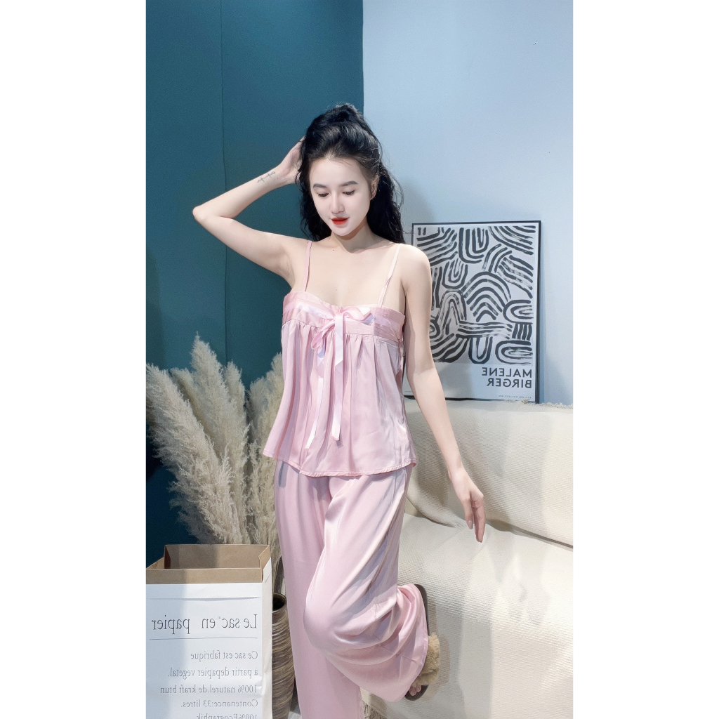 Đồ bộ hai dây cột nơ form suôn rộng lụa latin chất đẹp
