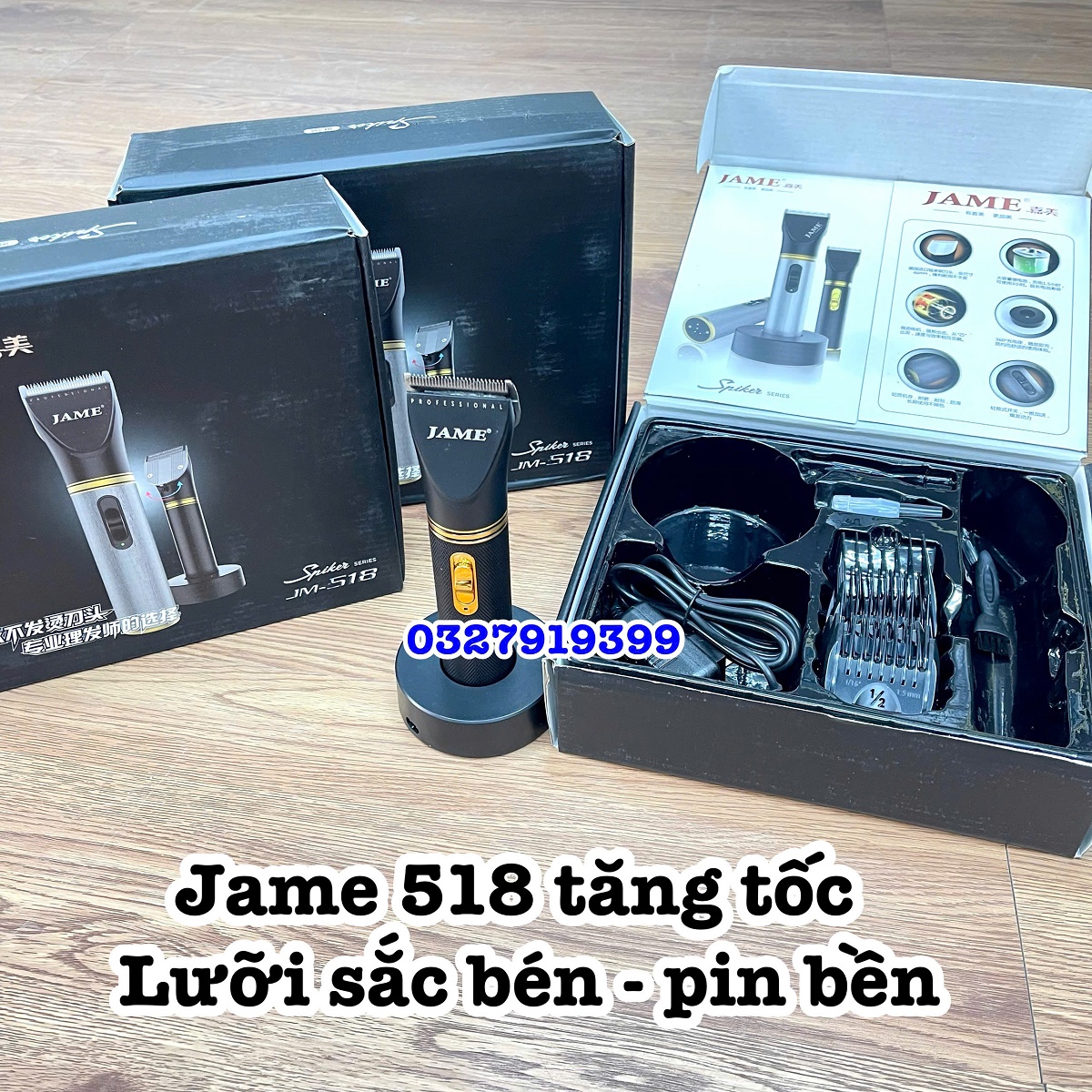 JAME Tông đơ cắt tóc chuyên nghiệp 518 màu đen pin Lithium Ion 2200mAh cốc sạc 360 độ tăng tốc độ turbo êm ái bền bỉ cho salon và tại nhà