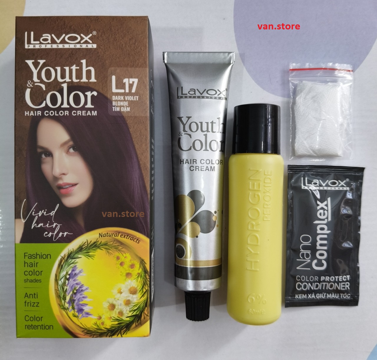 [Tím Đậm L17] Nhuộm Tóc Màu Thời Trang LAVOX 60mlx2 + Kèm Chai Oxy Trợ Nhuộm + 1 Gói Dầu Xả Giữ Màu Tóc + Găng Tay] - TÍM ĐẬM L17