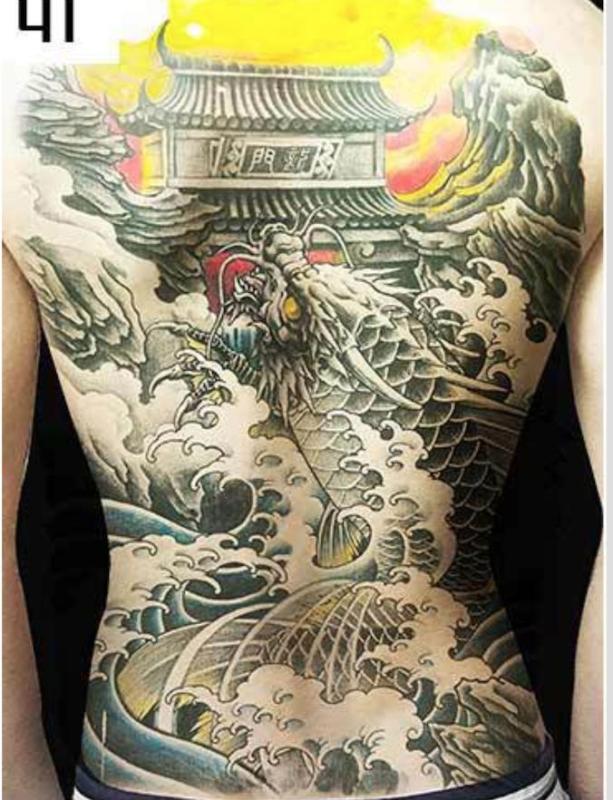 Hình xăm dán tattoo rồng đẹp kín lưng trắng đen 34x48cm tặng bắp tay xinh  15x21cm