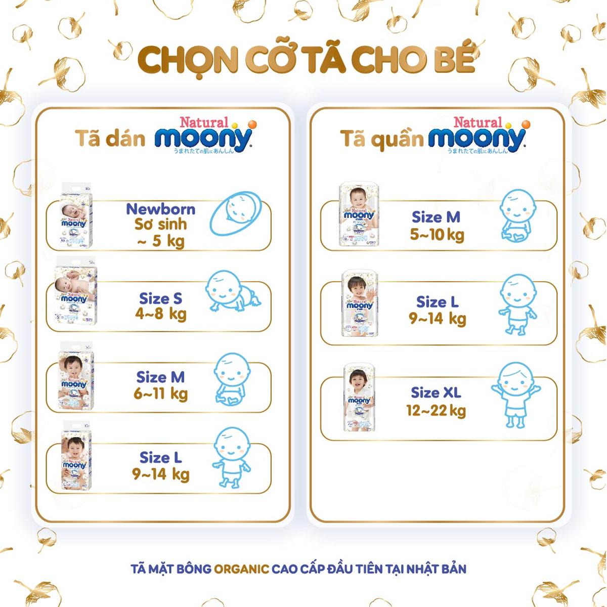 Tã/ Bỉm dán/ quần MOONY NATURAL Nhật Bản (Đa dạng size cho bé)