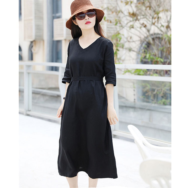 Đầm suông linen cổ tim tay lỡ xẻ sau chất vải linen tự nhiên thoáng mát thời trang xuân hè 2021