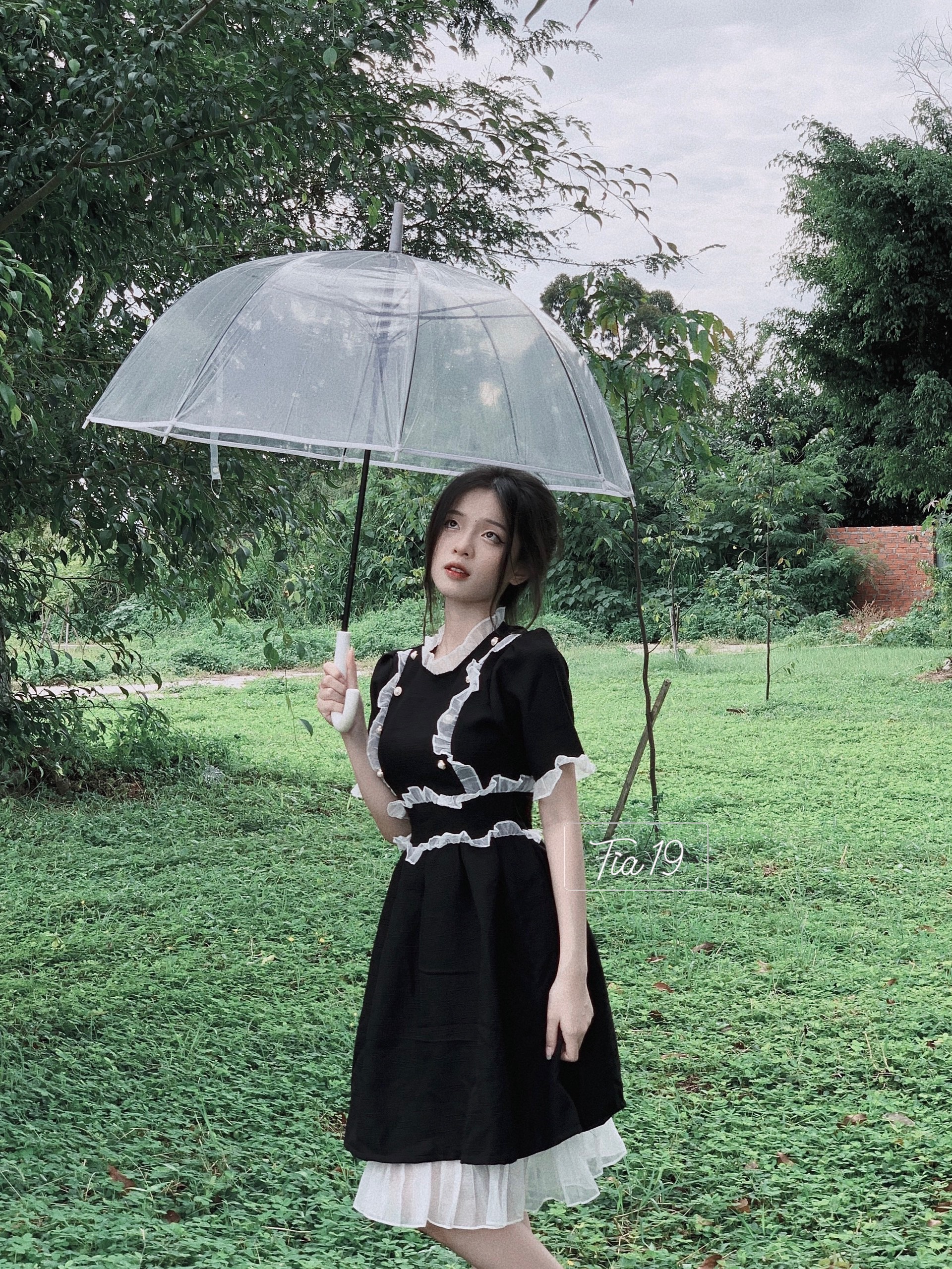 Váy dạ khuy pha voan Tia19. Đầm dạ cộc tay