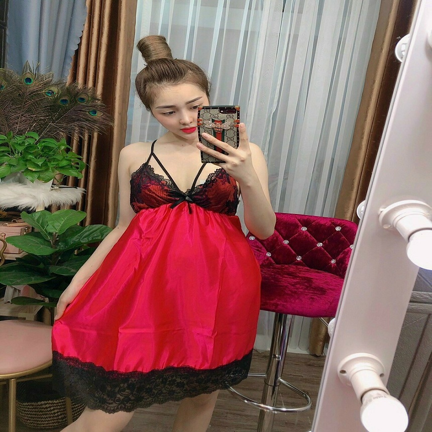 Đầm váy ngủ phối ren sexy vải Phi lụa freesize từ 44-58kg