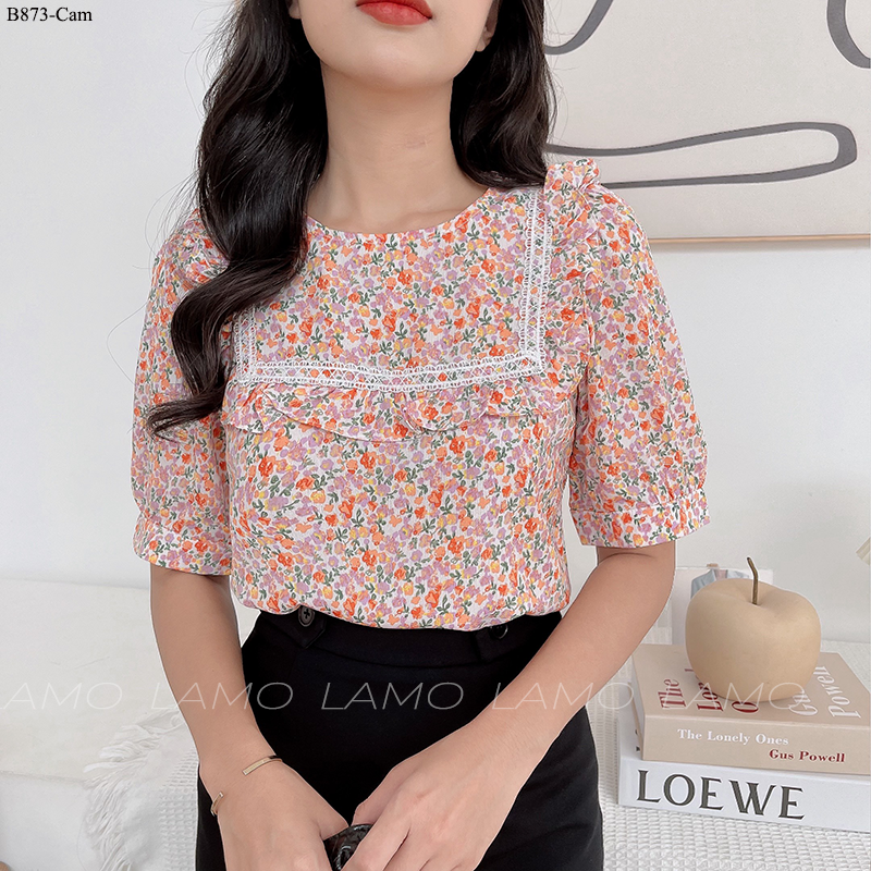 ÁO SƠ  MI HOA CỔ TRÒN VIỀN REN -B873