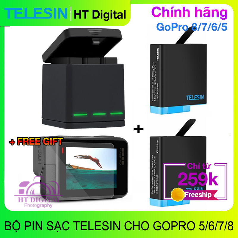 Combo sạc 3 + 2 pin Telesin cho Gopro Hero 5 Hero 6 Hero 7 Hero 8 + Miếng dán cường lực màn hình GoPro