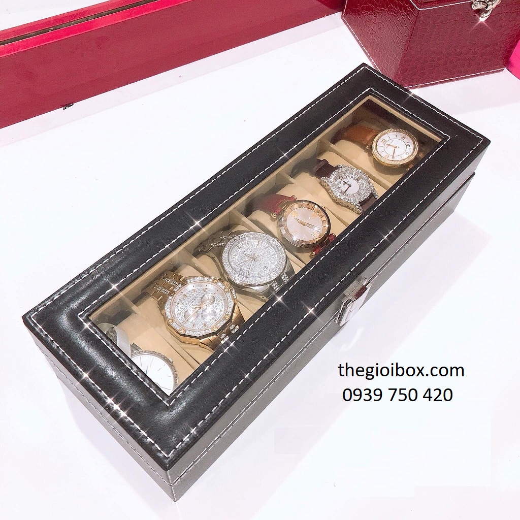 Hộp Đựng Đồng Hồ 6 Ngăn Vỏ Da Có Nắp Kính Chống Bụi Cao Cấp