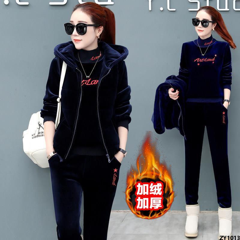 Bộ đồ áo hoodie đơn mùa đông thường ngày bộ áo gilê ba mảnh nhung hai mặt giữ ấm thể thao nhung vàng nhung nữ lót nhung dày dặn