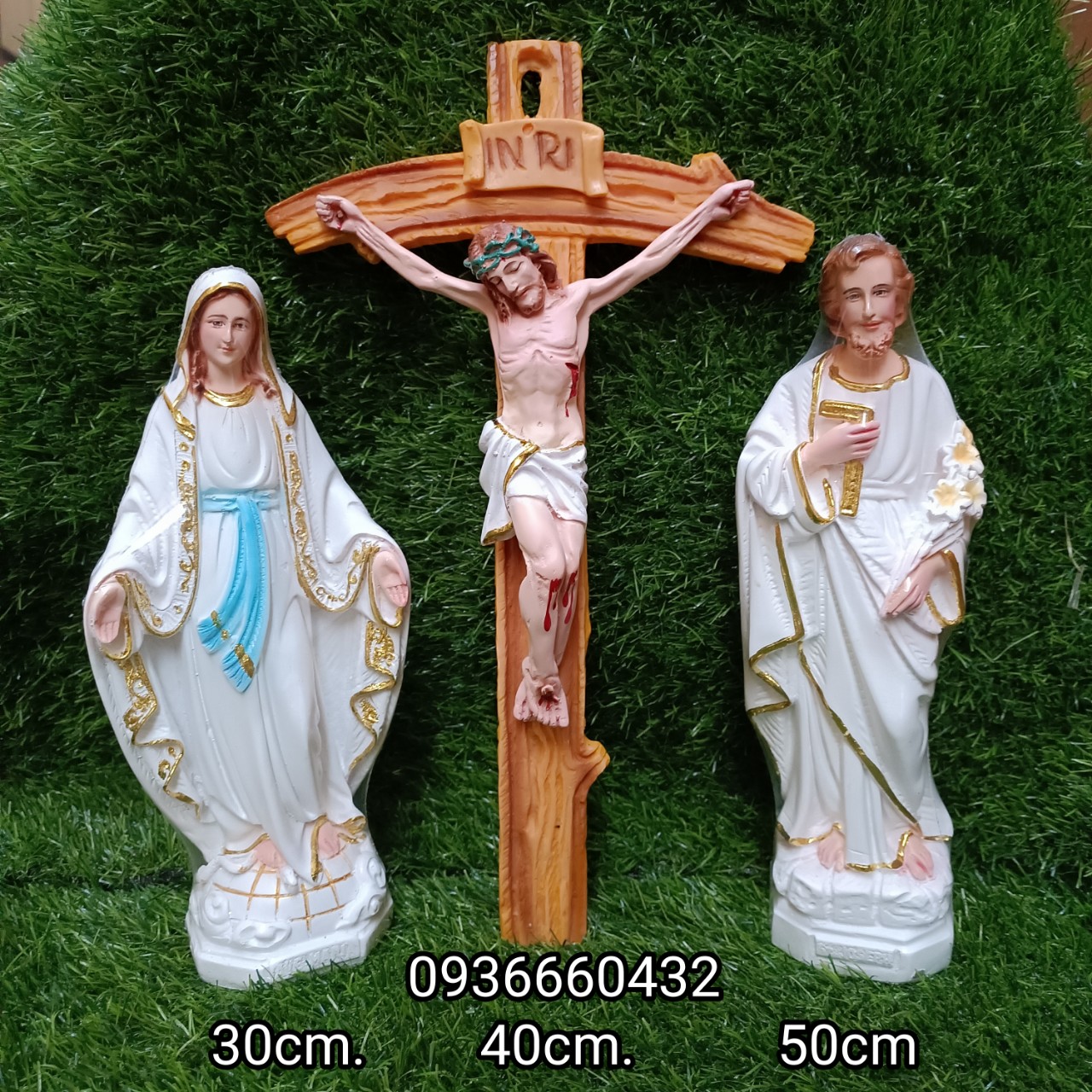 Bộ 3 tượng công giáo đức mẹ, thánh giuse & thánh giá chịu nạn 40cm - màu trắng composite tượng công giáo