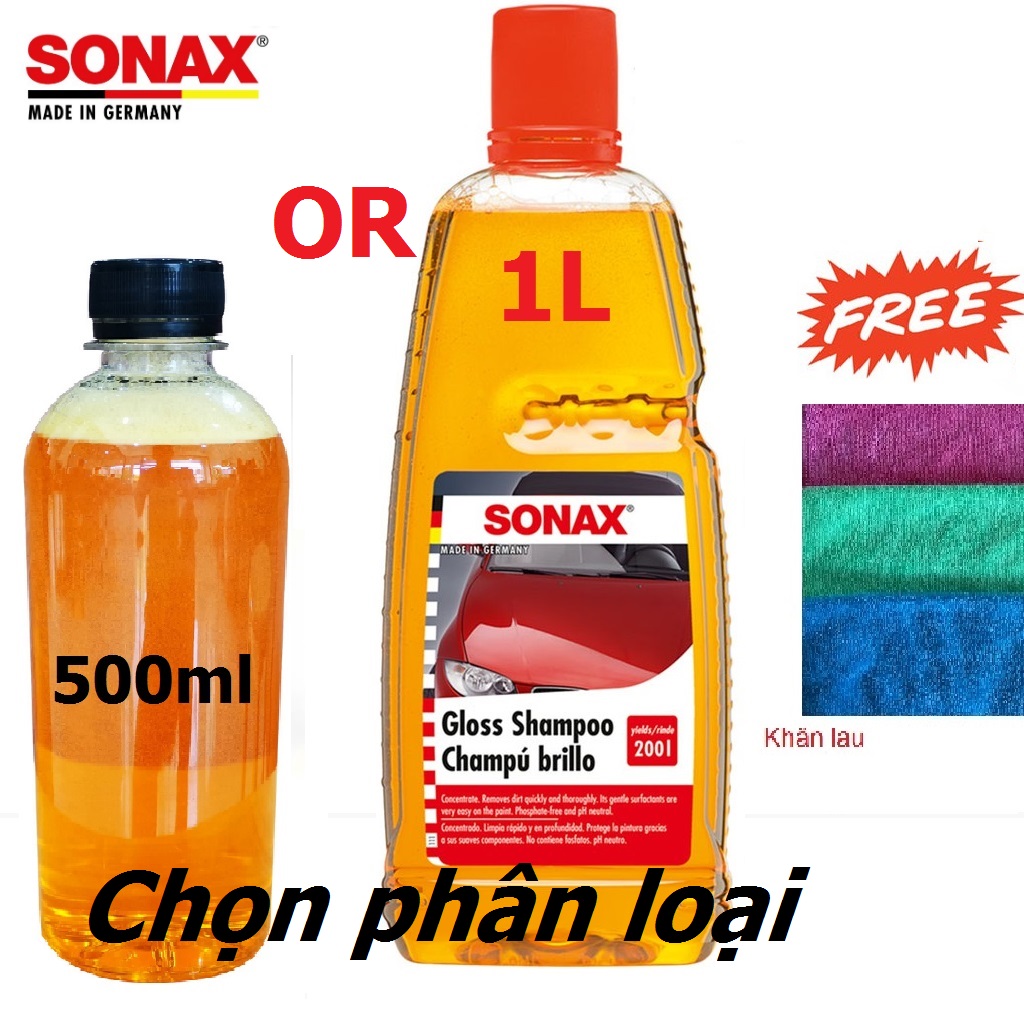 [TĂNG KHĂN LAU XE CAO CẤP] Nước rửa xe sonax, dung dịch xà phòng rửa xe siêu đặc sonax gloss shampoo chai 1L hoặc khách có thể chọn mua chai 500ml Sản phẩm từ nửa chai  sonax rửa xe đậm đặc1L