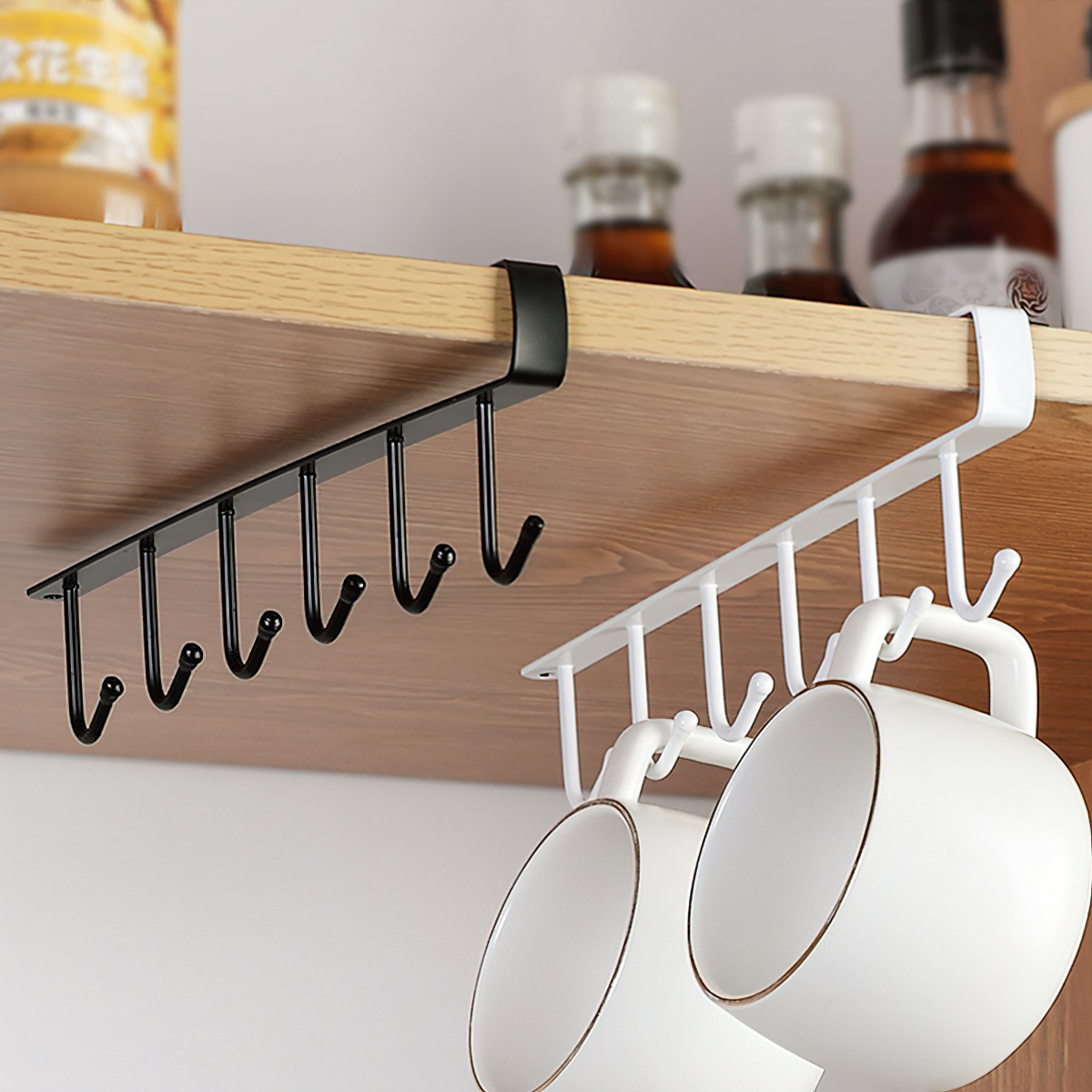Kitchen Hanger with 6 Hooks Attached to Kitchen Cabinets and Shelves
