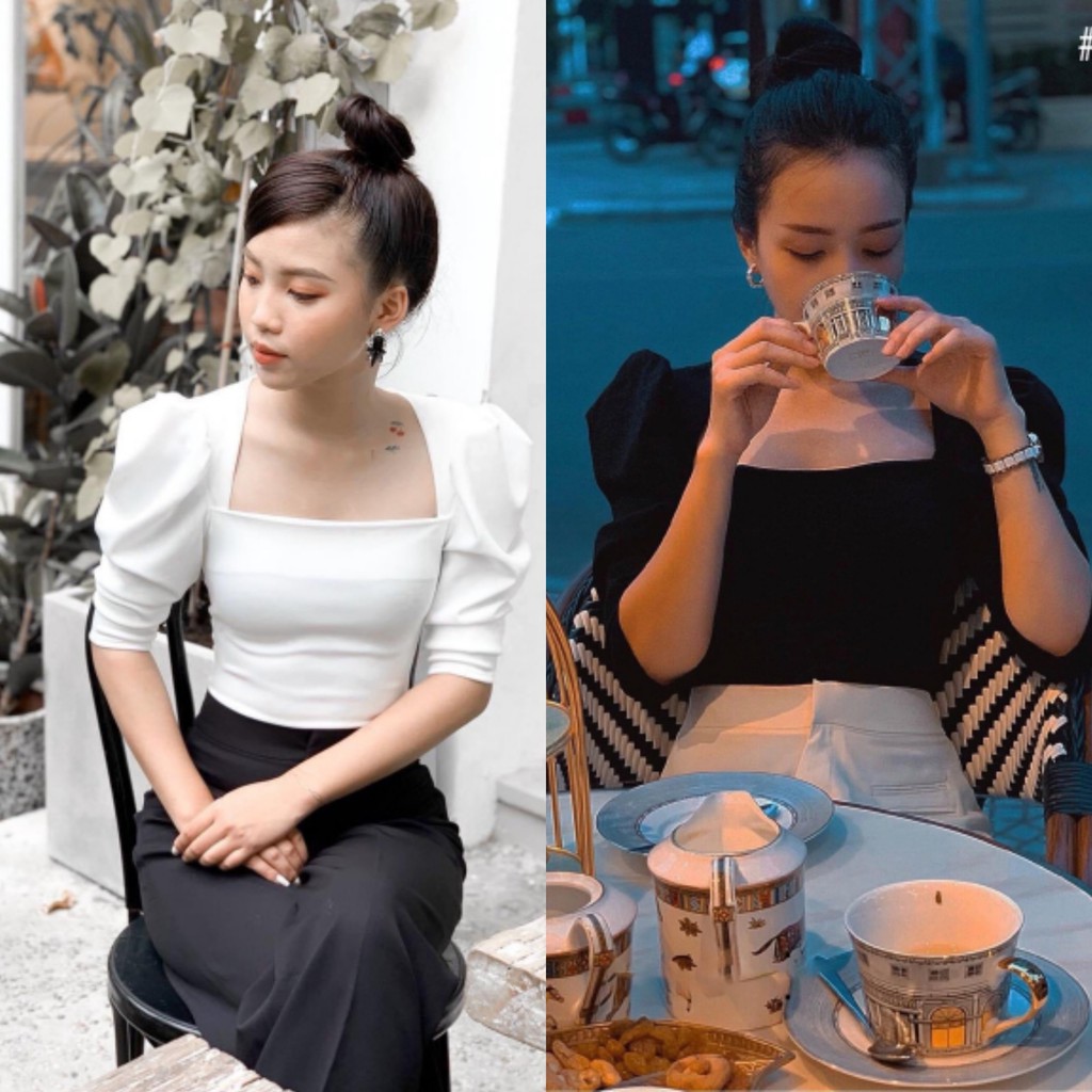 [Ảnh thật] Áo cổ vuông tay phồng thanh lịch