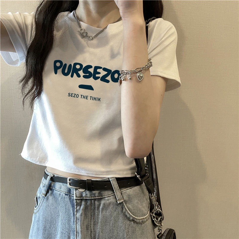 Áo Thun Croptop PURSEZO chữ màu xanh dương kiểu nữ