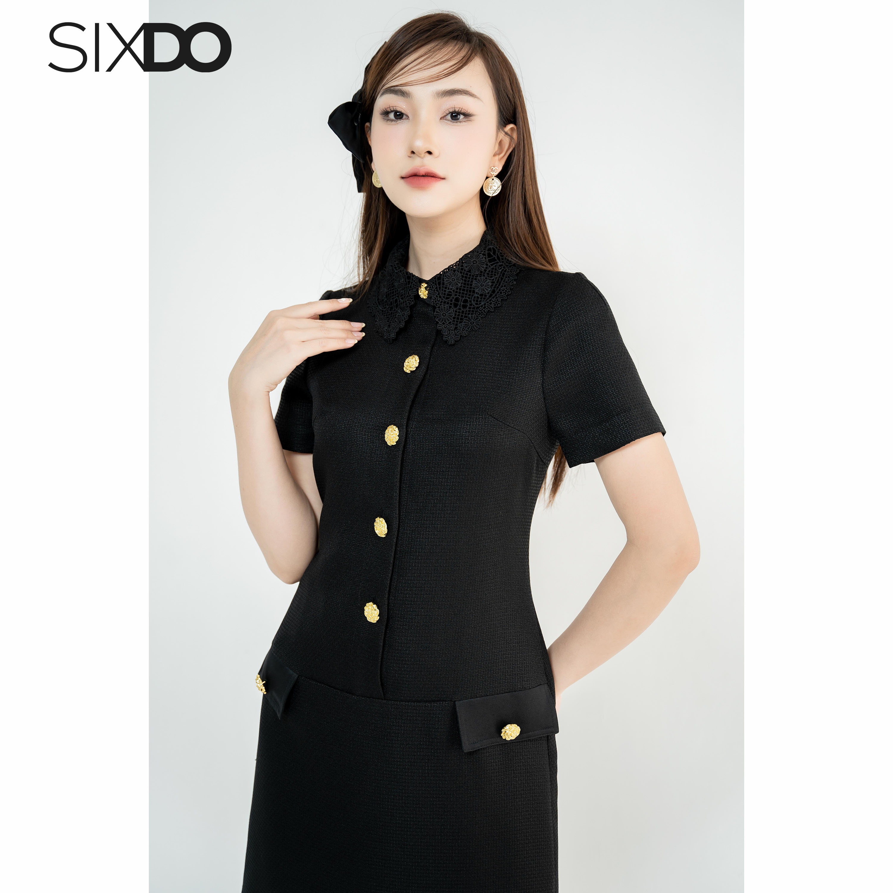 Đầm đen dáng a cổ ren sixdo