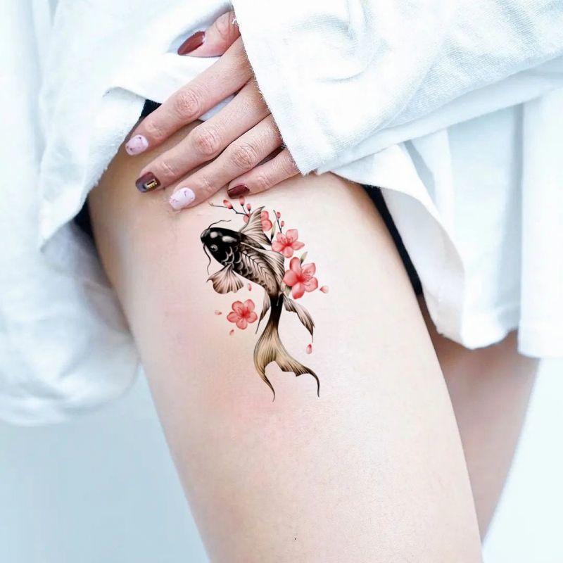 Mai hoa cá chép nửa cánh tay dán hình xăm không thấm nước đàn ông và phụ nữ kéo dài bắp tay cánh tay hoa cá dán hình xăm Hình xăm tạm thời