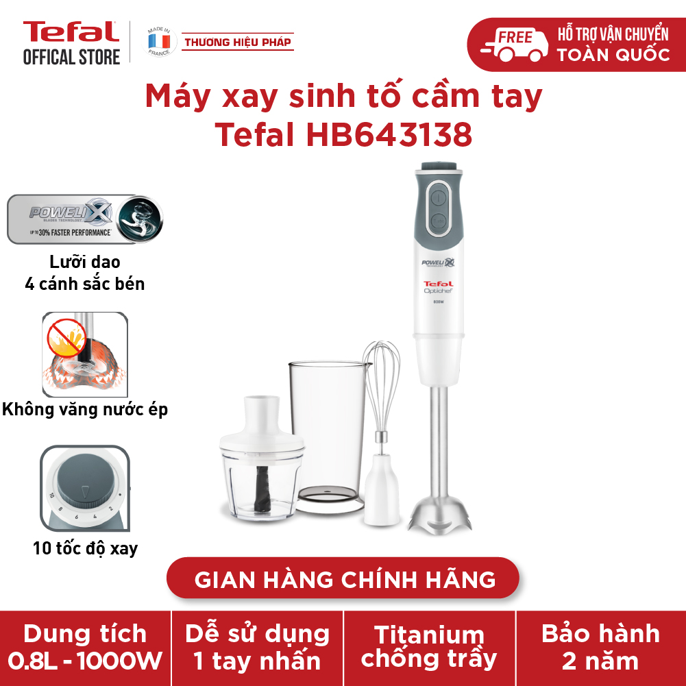 Máy xay sinh tố cầm tay Tefal HB643138 – trắng, 800W