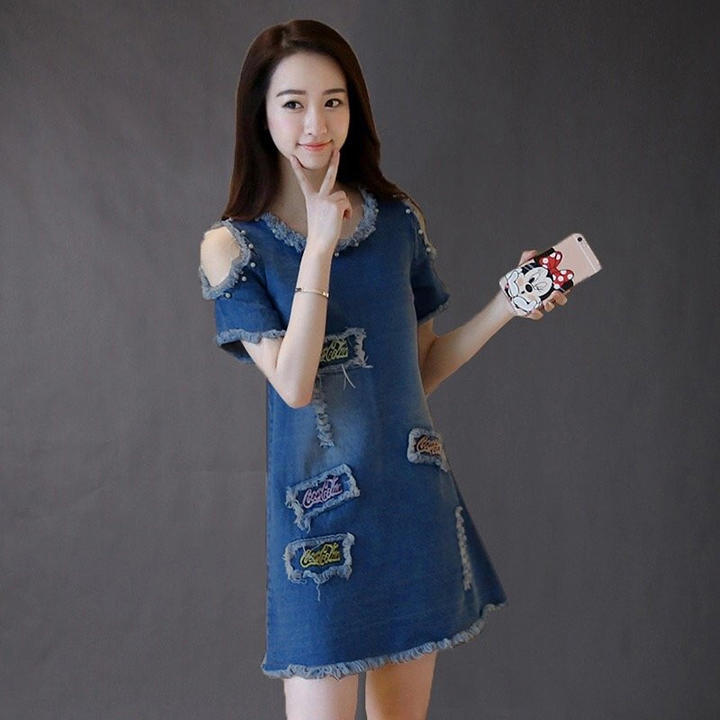 [HCM]Đầm Jean Khoét Vai Cocacola