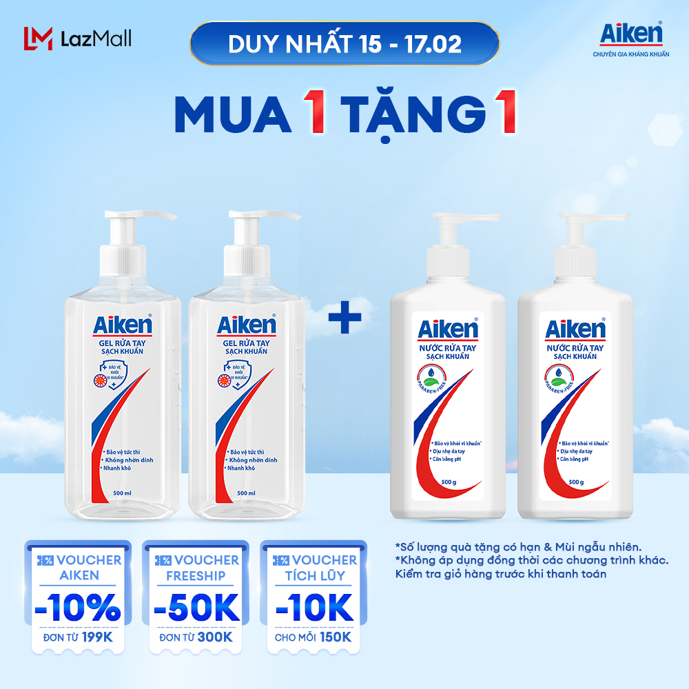 Aiken Combo 2 Gel rửa tay Sạch khuẩn 500ml chai Dạng vòi