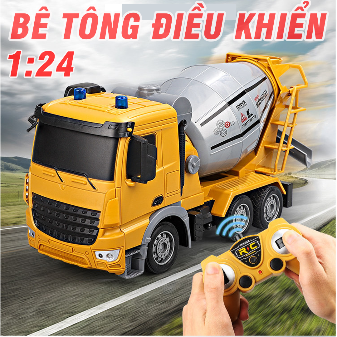 Mô hình xe trộn bê tông điều khiển từ xa sóng 2.4G pin sạc 14500 3.7v 500mah thùng trộn xoay đổ được vật liệu