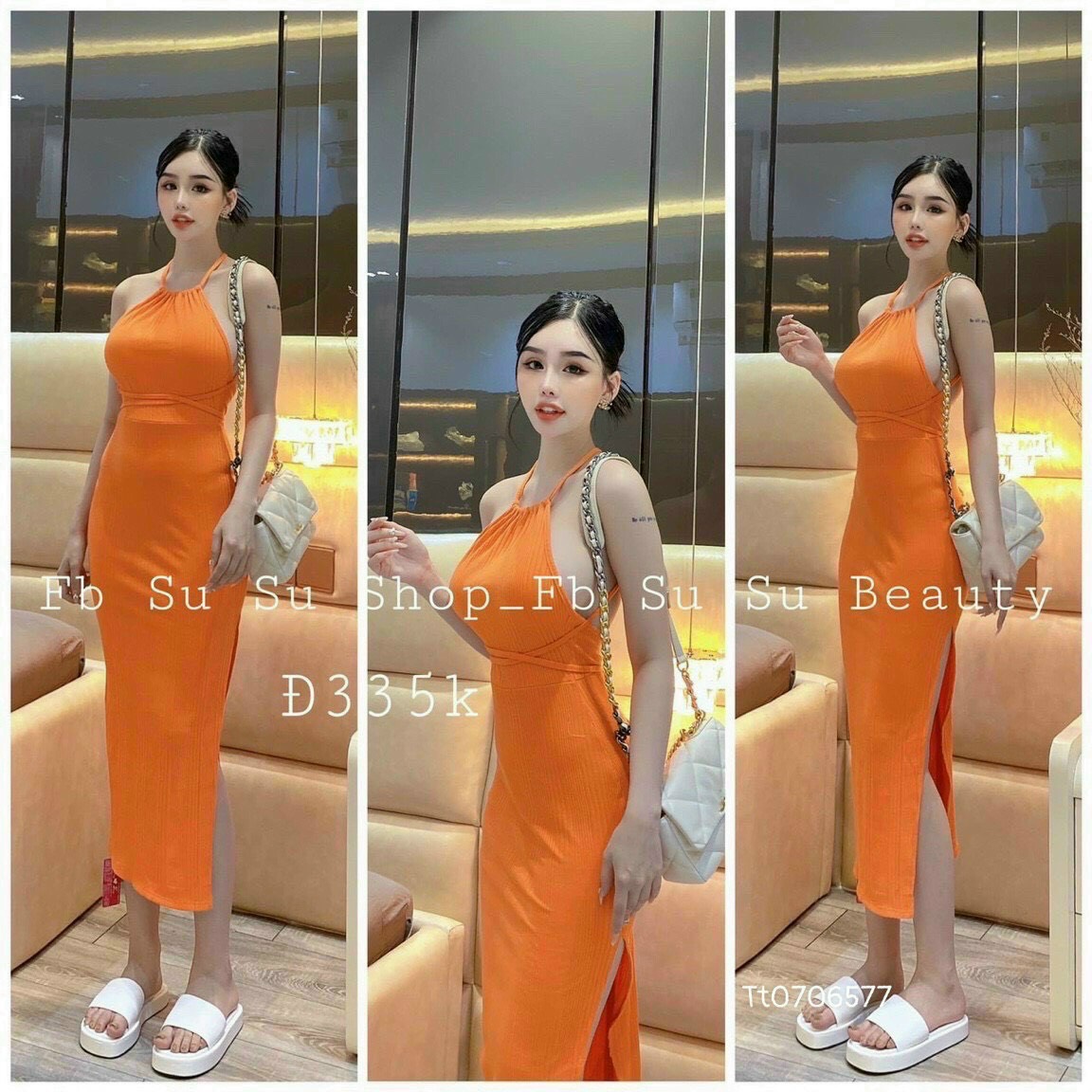Đầm body thun gân cổ yếm dây chéo sau lưng sẻ tà mặc cực kì sexy có 4 màu