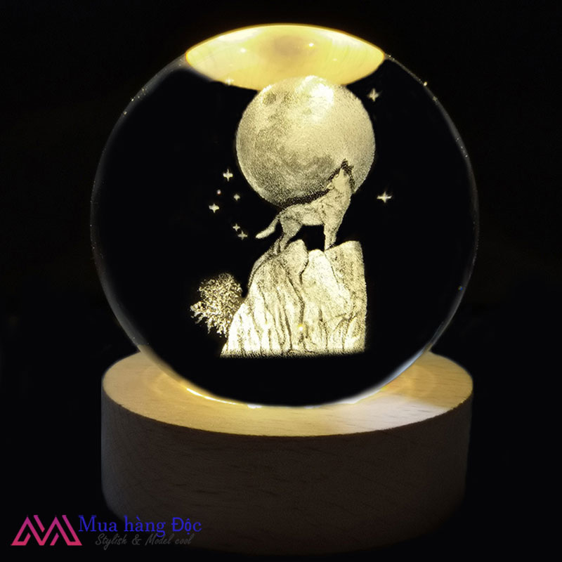 Bộ Quà Tặng Quả Cầu Pha Lê 3D larser LED Chó Sói 6cm (tặng đế đèn + hộp quà)