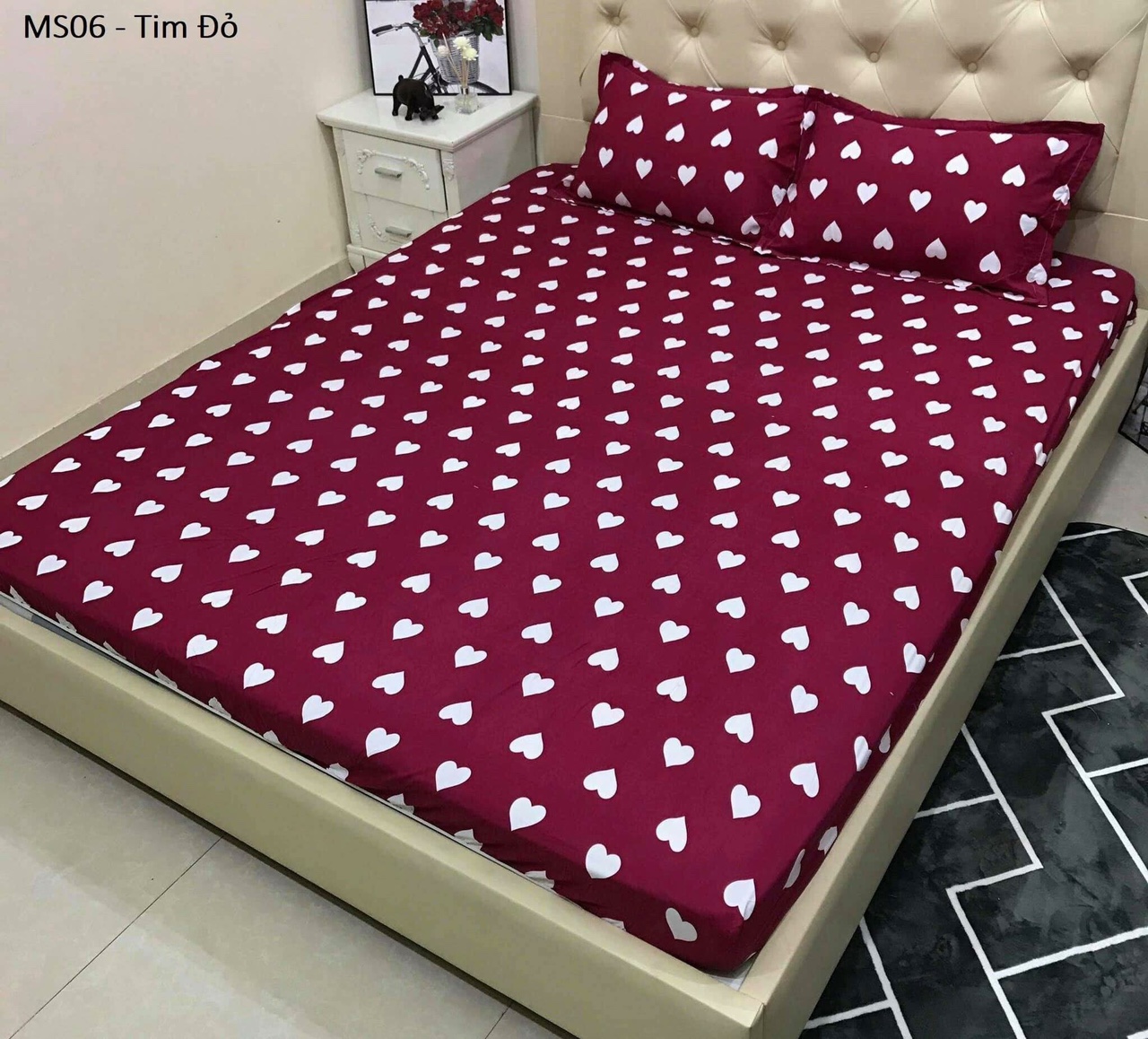 Bộ ga gối 3 món mẫu tim đỏ,gồm 1 ga 2 vỏ gối nằm