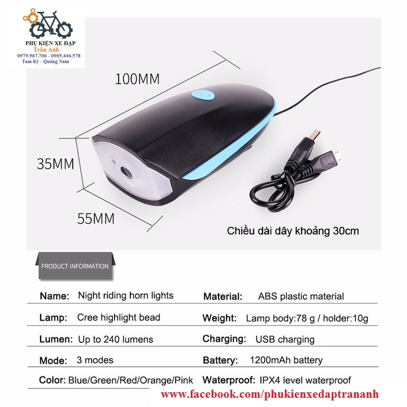 Đèn Xe Đạp - Đèn Kèm Còi 2in1 7588 Xe Đạp Sạc USB