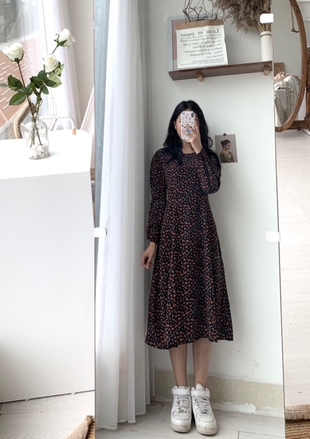 Váy hoa nhí vintage 2 lớp, thắt nơ eo