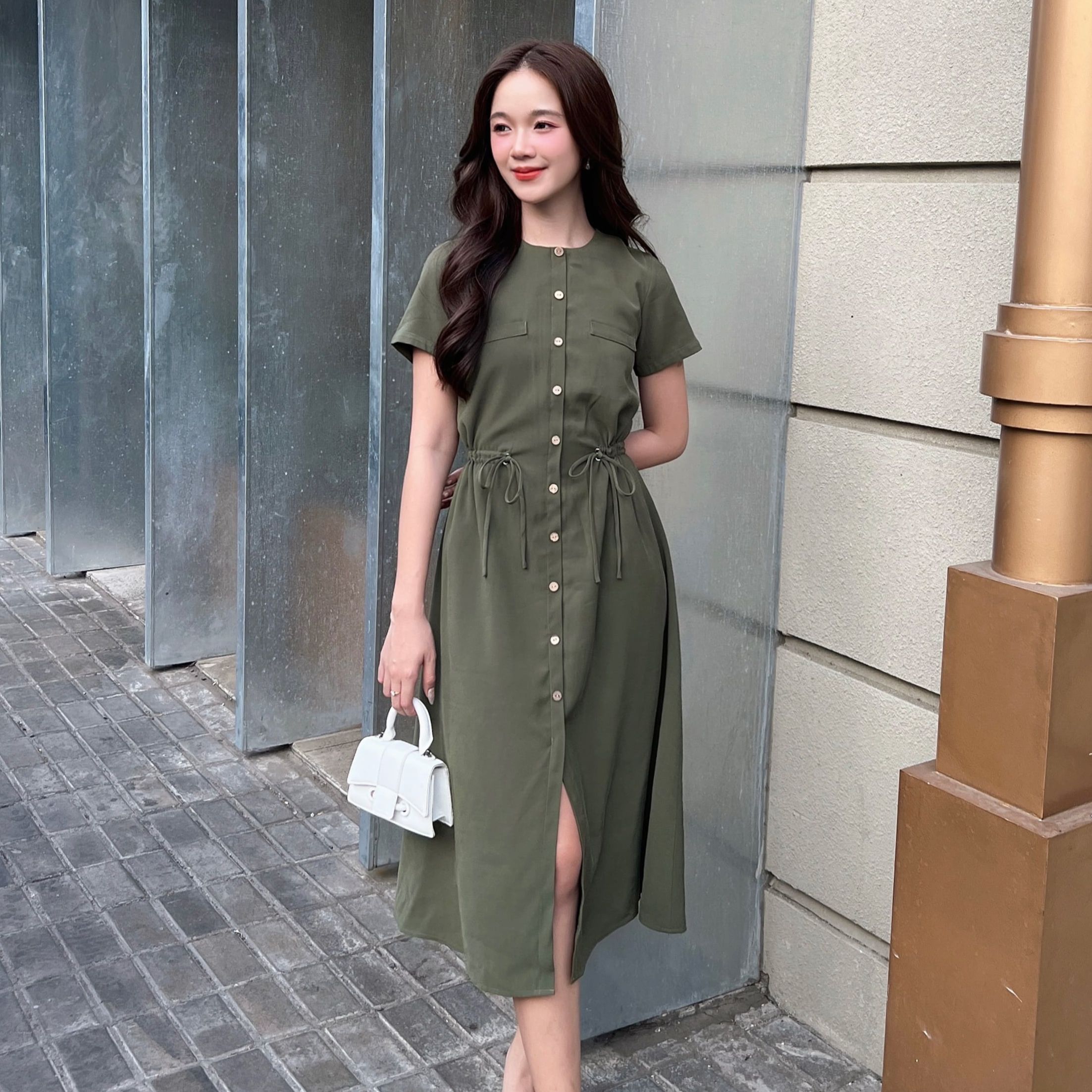 Voucher siêu sale 15% OLV - Đầm suông rút dây eo 2 màu Dress