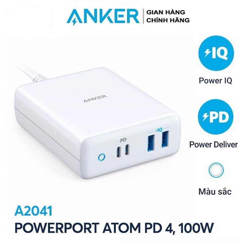 Sạc Anker PowerPort Atom PD 4 công suất 100W (2 PD & 2 PIQ) - A2041  cho điện thoại và Laptop