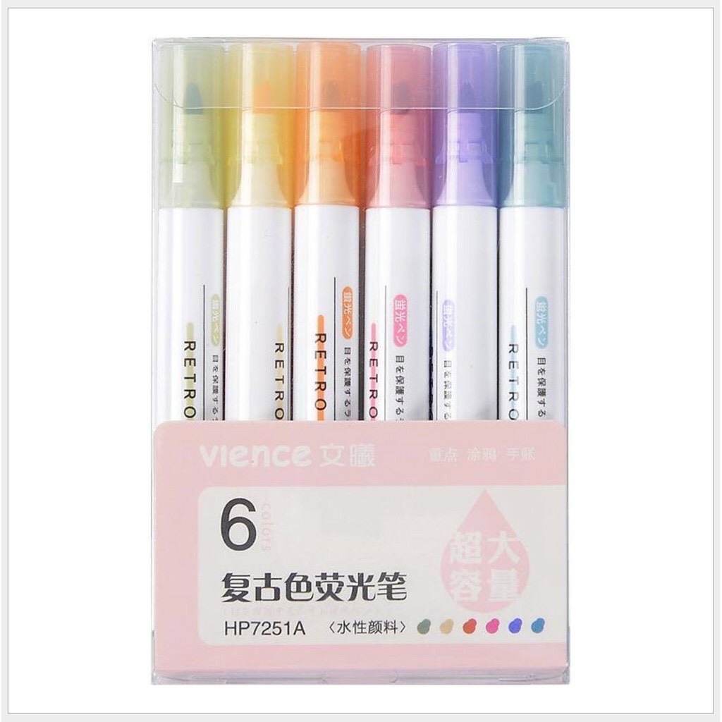 Set 6 bút dạ highlight Bút đánh dấu 6 màu RETRO phong cách Hàn Quốc