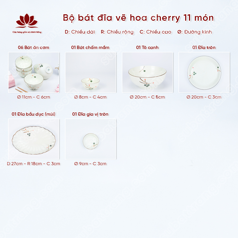 Bộ bát đĩa vẽ hoa cherry cao cấp Bát Tràng