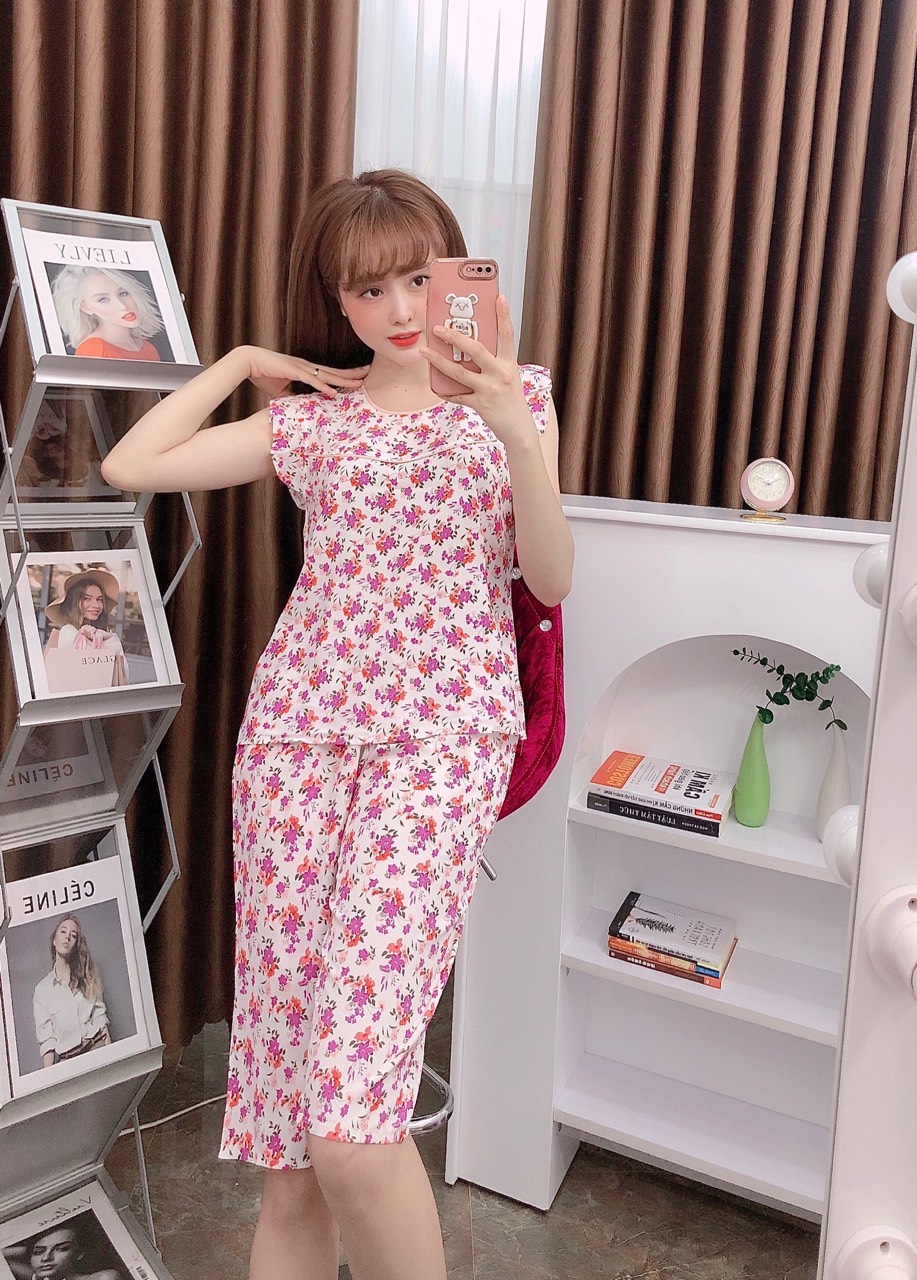 Đồ bộ lụa mặc nhà, bộ lụa hoa nhí mặc nhà