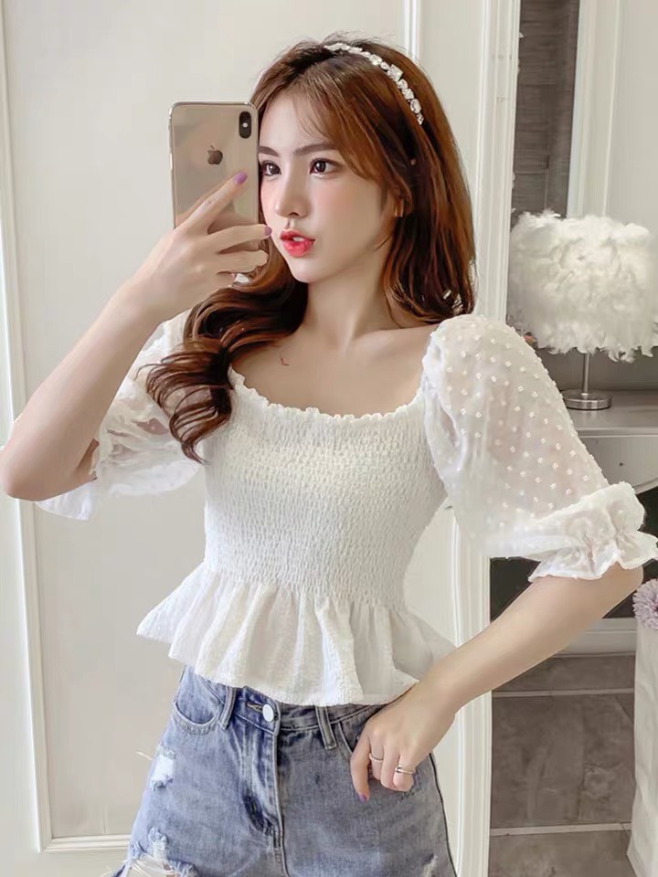 Áo voan nhún tay lưới ngắn dáng xòe cực xinh TTSLA0140