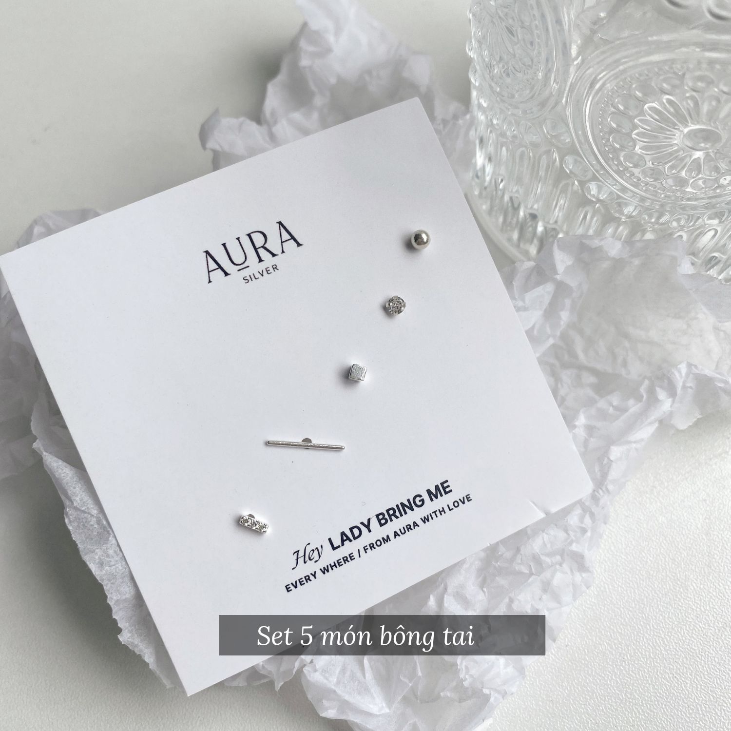 Set 5 món bông tai bạc cá tính Aura Silver-Kt28