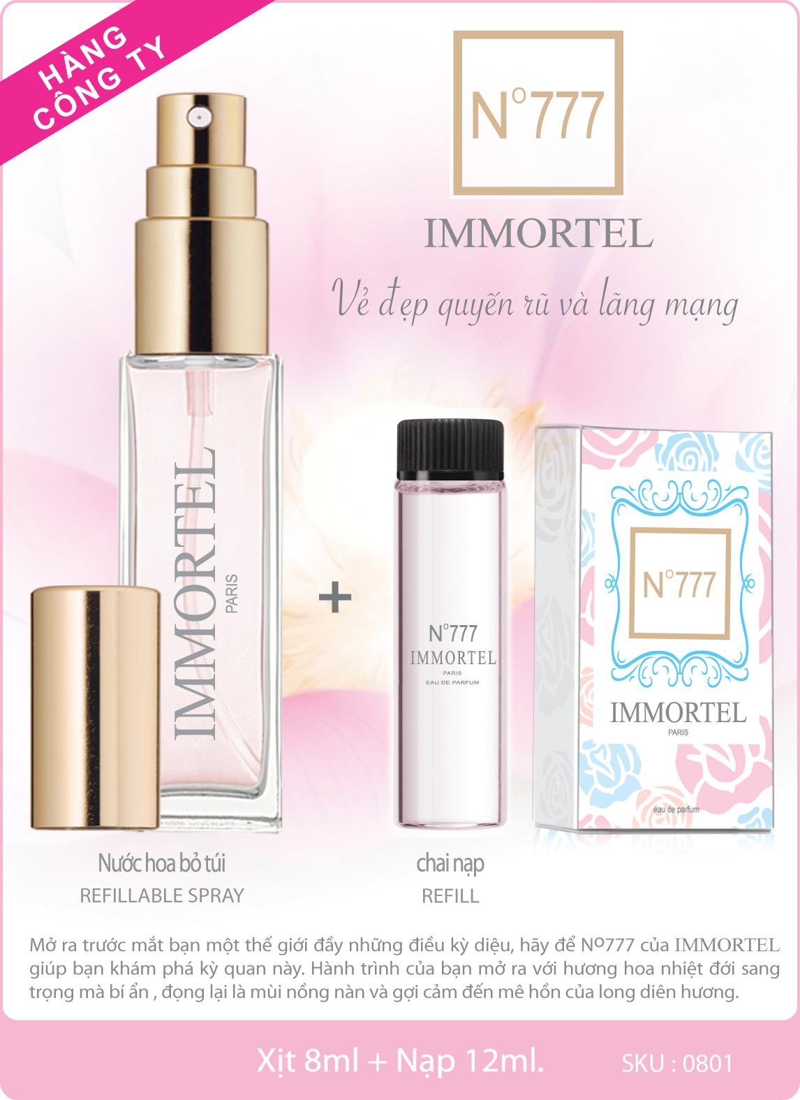 Nước Hoa IMMORTEL No 777 (GỒM CHAI XỊT 8 ml + CHAI NẠP 12 ml) Eau de parfum