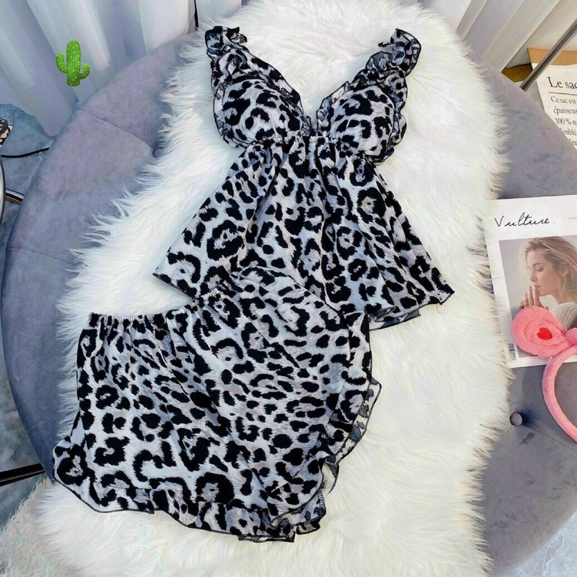 Đồ bộ nữ viền bèo đồ bộ họa tiết hình beo đẹp mắt sexy đồ bộ vải kate lụa form 50kg