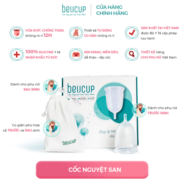 Cốc nguyệt san chính hãng Beu Cup - Silicone y tế, Băng vệ sinh kiểu mới, cốc nguyệt san dành cho phụ nữ sau sinh Beucup TẶNG cốc đựng tiệt trùng cốc nguyệt san