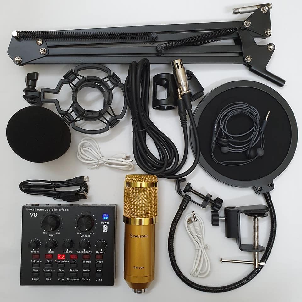 Combo bộ míc thu âm livestream hát karaoke online micro ZANGSONG BM-900 CARD V8 bluetooth tặng tai nghe chân kep màng lọc