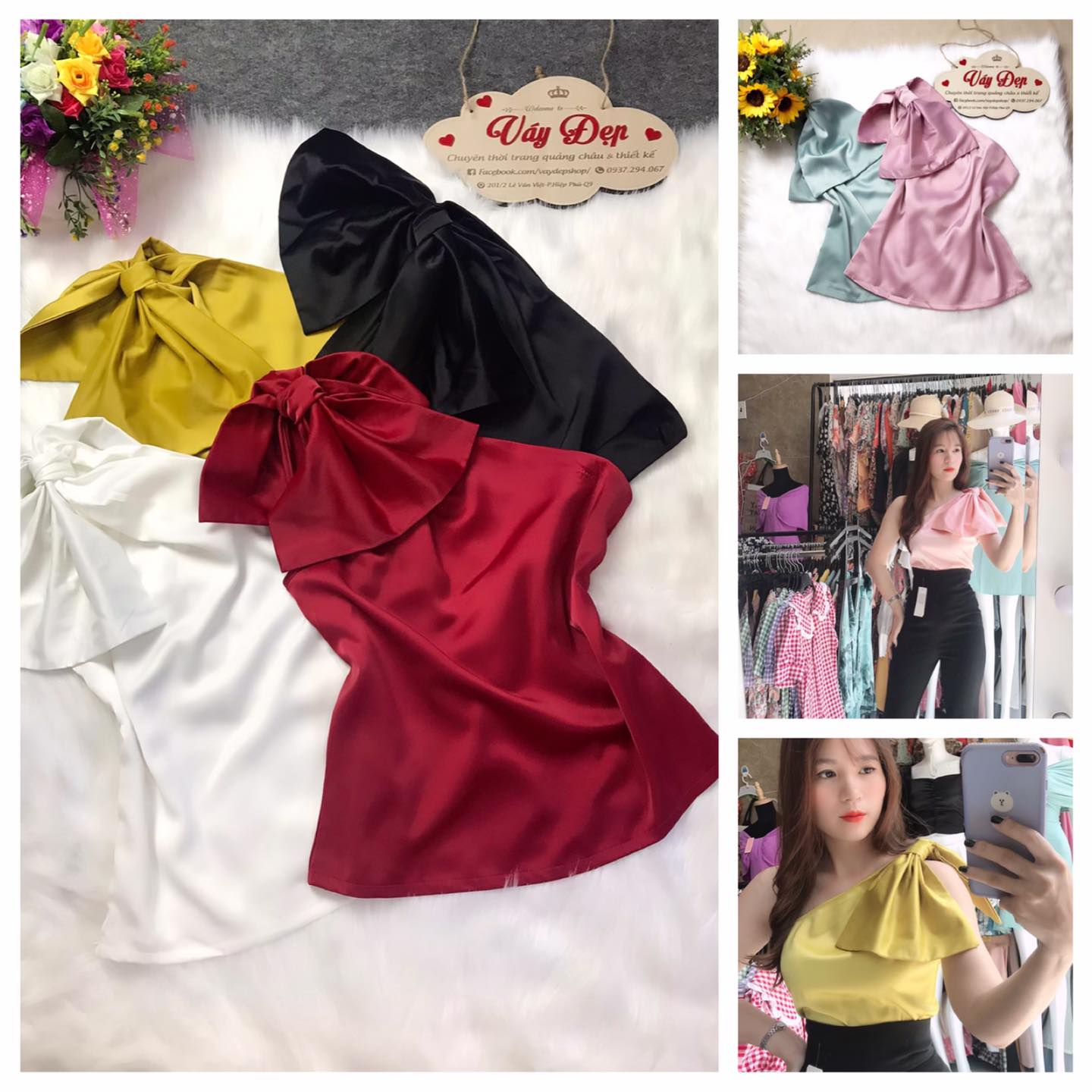 HÌNH THẬT 100% ÁO LỤA NHẬT LỆCH VAI NƠ NHIỀU SIZE, HÀNG THIẾT KẾ