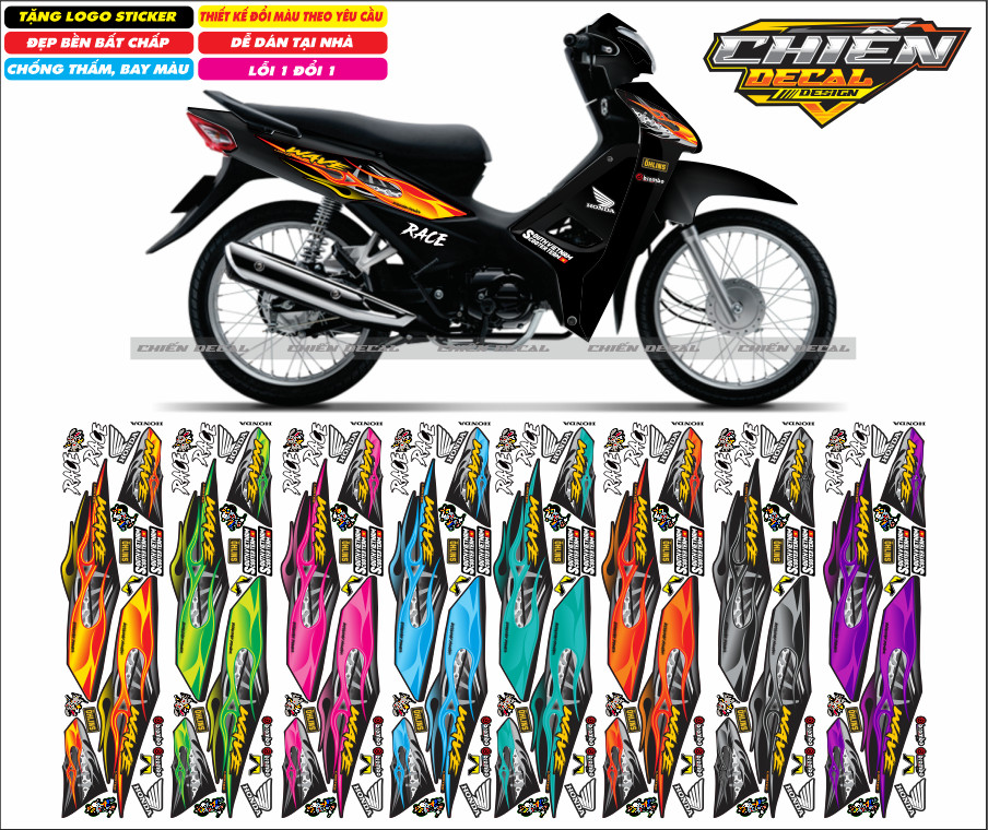 Tem rời xe wave anpha 110cc - 100cc - 50cc chế mẫu tem lửa nhiều màu lựa chọn (tem 3 lớp cao cấp)
