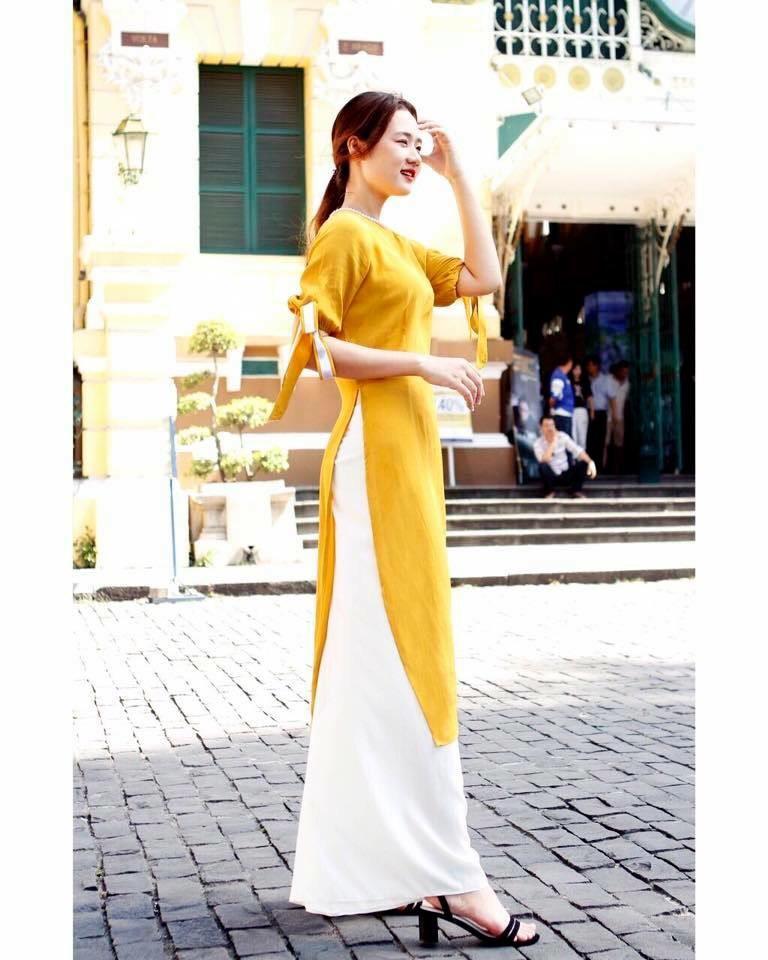 Sét Áo Dài Cách Tân KÈM QUẦN Cao Cấp Lụa Nơ Tay Nữ Tính Diện Tết Xuân 2020 (Vàng/Xanh Ngọc Bích)