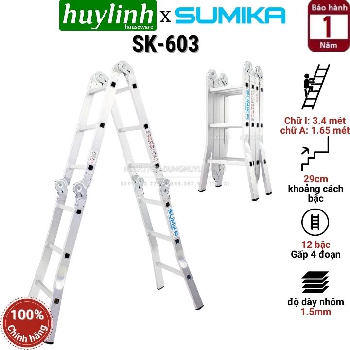 Thang nhôm gấp 4 đoạn 3 bậc Sumika SK-603 - Cao tối đa 3.4 mét - Thang đa năng