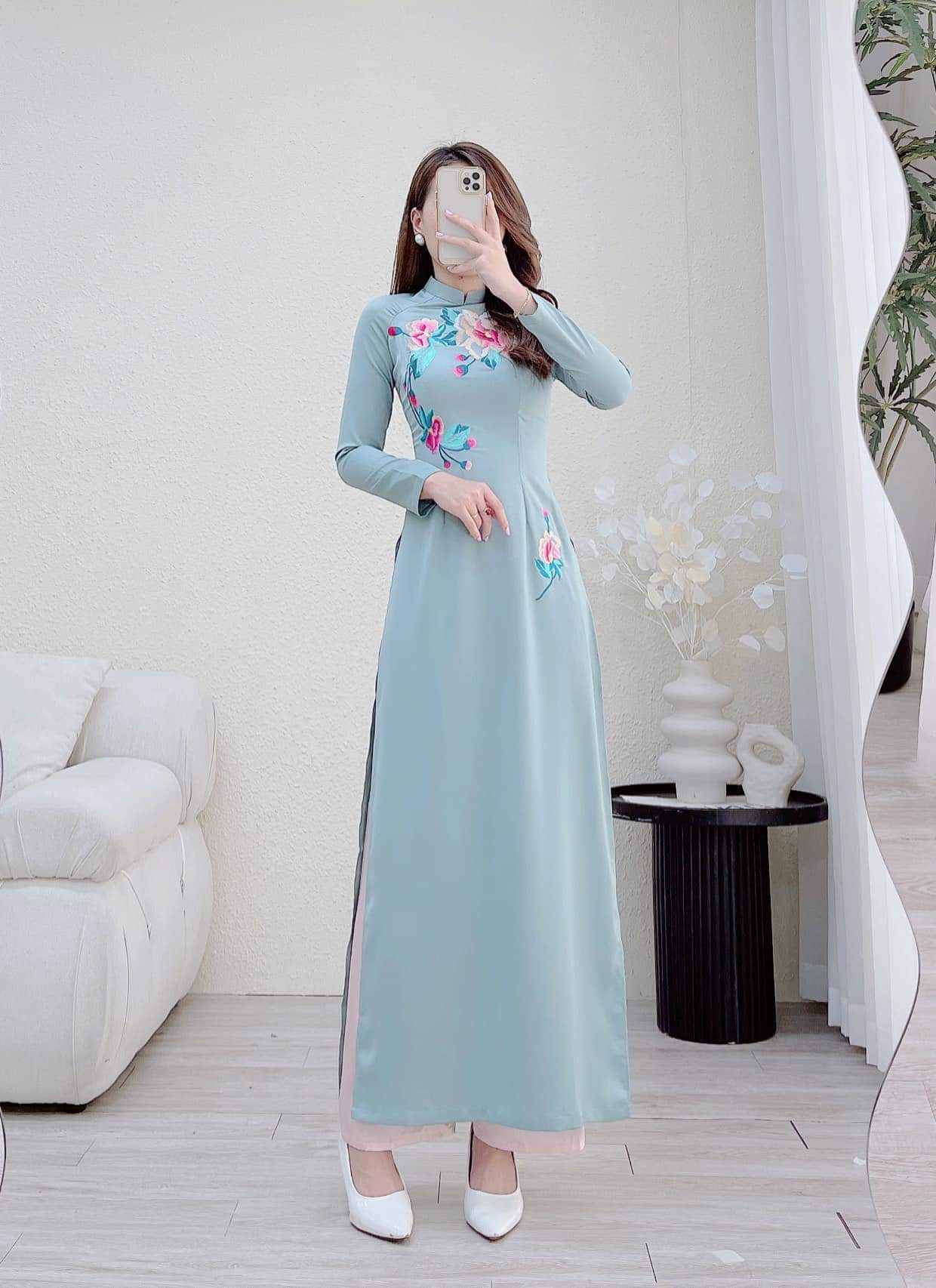 áo dài xanh ngọc  họa tiết