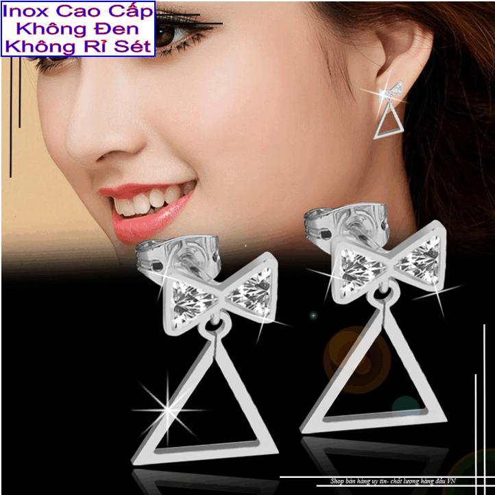 Bông tai nữ inox thấy là thích kiểu tòn ten chiếc nơ đính đá Zircon rớt tam giác - Cam kết 1 đổi 1 nếu hoen , gỉ sét